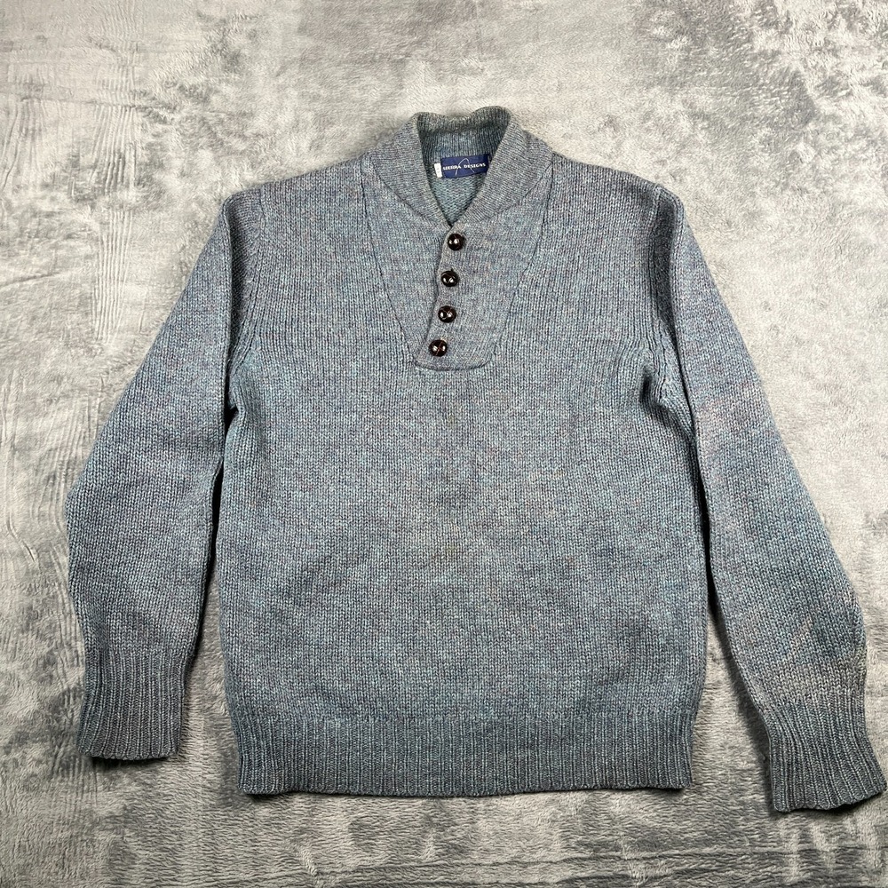 Vintage Sierra Designs Mens M-L Gray Tight Knit Button Placket Mock Neck Sweater